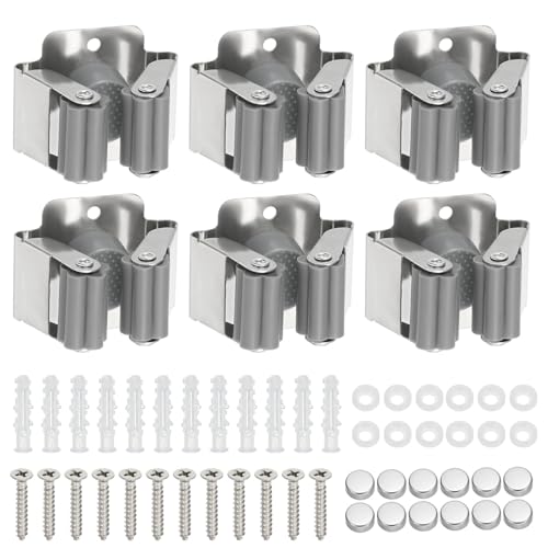 PATIKIL Broom and Mop Holder, 6 Pack Wall Mounted Stainless Steel Mop Hanger Heavy Garden Tool Organizer Rack Hanging Clips with Screws for Home Garage, Grey - color: Grey