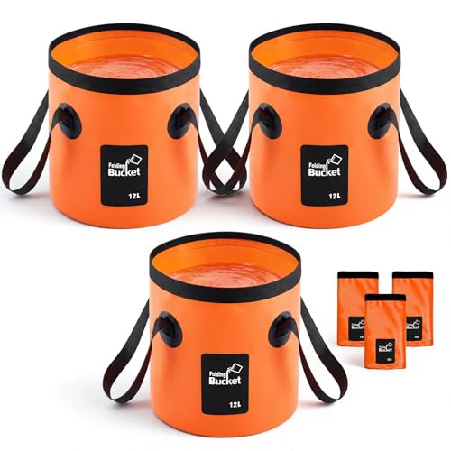 3 Gallon 3 Pack Collapsible Bucket, Foldable Water Bucket with Handles, Portable Camping Buckets for Fishing, Hiking, Cleaning, Outdoor & Travel Use (Orange) - color: Orange, size: 3 Gallon