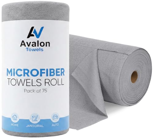 Avalon Towels Microfiber Cleaning Cloth Roll (Value Pack of 75) - Size 12x12 Inches, Tear Away Microfiber Towel Rolls, Highly Absorbent, Reusable, Lint and Streak Free Cleaning Rags for Home - color: Grey