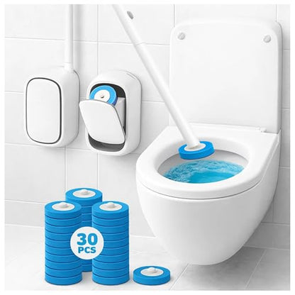 CiLoN 30 Pack Auto-Open Lid Disposable Toilet Bowl Brush & Holder System | Wall-Mounted Disposable Toilet Cleaning Set For Touch-Free Space-Saving Hygienic Modern Bathrooms (Starter Kit + 30 Sponge) - size: Starter Kit + 30pcs Refill Heads