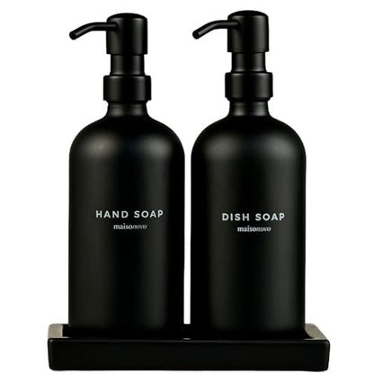 MaisoNovo Black Soap Dispenser Bathroom - Soap Dispenser Set with Black Soap Dispenser, Black Pumps & Ceramic Tray - color: Black Bottles/ Black Pumps/ Black Ceramic Tray