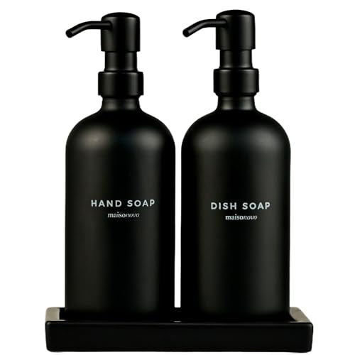 MaisoNovo Black Soap Dispenser Bathroom - Soap Dispenser Set with Black Soap Dispenser, Black Pumps & Ceramic Tray - color: Black Bottles/ Black Pumps/ Black Ceramic Tray