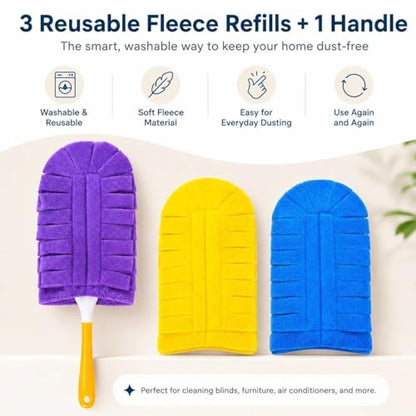 3 Pack Reusable Duster Refills with 1 Handle, Washable 360° Dusting Heads Compatible with Swiffer Dusters for Wet & Dry Cleaning, Blinds, Fans, Furniture, Cars and Pet Hair