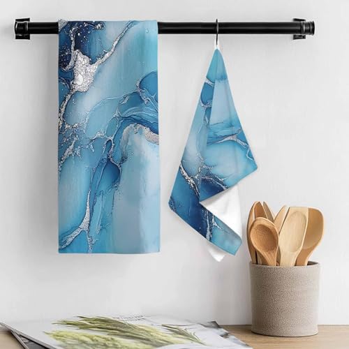 Marble Texture Kitchen Towels Set of 3 Blue Sliver Shinny Modern Abstract Decorative Dish Towels Ultra Soft Microfiber Absorbent Reusable Dishcloths for Kitchen Drying, 18x28 Inch - size: 28" x 18" (Pack of 3)