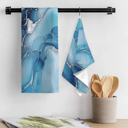 Marble Texture Kitchen Towels Set of 3 Blue Sliver Shinny Modern Abstract Decorative Dish Towels Ultra Soft Microfiber Absorbent Reusable Dishcloths for Kitchen Drying, 18x28 Inch - size: 28" x 18" (Pack of 3)