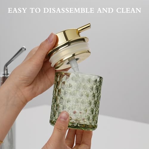CICUFY Hand Soap Dispenser Glass, Refillable Liquid Dispenser for Bathroom & Kitchen,Lotion Dispenser with Large Gold Pump（Diamond Pattern-Green） - color: Green, style: Liquid(can't foam)/Diamond Pattern