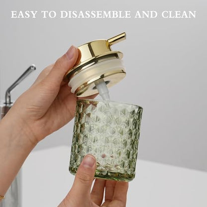 CICUFY Hand Soap Dispenser Glass, Refillable Liquid Dispenser for Bathroom & Kitchen,Lotion Dispenser with Large Gold Pump（Diamond Pattern-Green） - color: Green, style: Liquid(can't foam)/Diamond Pattern