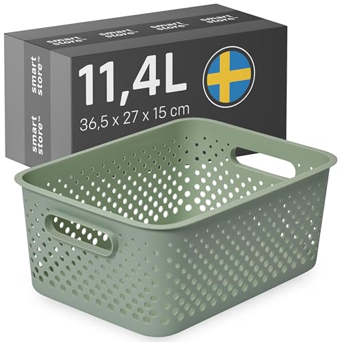SmartStore Storage Basket with Handles in Green 11.4L (36.5x27x15cm) | Plastic Storage Bin from Recycled Plastic | Essence L Storage Box fits A4 paper| Storage with 10-year Warranty - color: Beach Grass, size: L