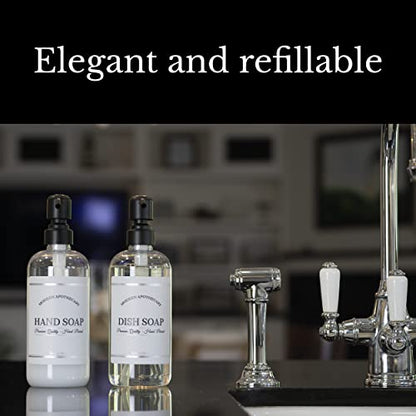 Clear Refillable Hand and Dish Soap Dispenser Set with Pumps for Kitchen Sink - PET Plastic Soap Bottles Refillable with Pump - Waterproof Labels - 16 oz, 2 Pack (Black Satin) - color: Black Satin Pumps