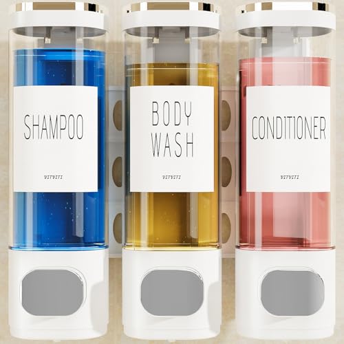 VITVITI Shampoo and Conditioner Dispenser for Shower Wall, Shower Soap Dispenser 3 Chamber No Drill Wall Mounted, 10.2 OZ Plastic Refillable Shower/Body Wash Bottles for Bathroom (White) - color: White
