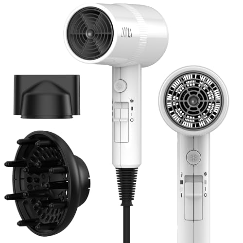AINA Hair Dryer with Diffuser, Blow Dryer for Women | Advanced Ionic Technology, Ceramic Coating | Cold Shot Features Turbo Heat for Fast Drying and Shine 110V/ALCI (White) - color: White, size: 3 Piece