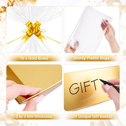 AFOROEOA 10PACK Gold Baskets For Gifts Empty, 10x12” Thick Gift Basket with 10 Bows 10 Bags Empty Gift Baskets for Christmas, Valentine’s Day, Easter, Birthdays, Valentine’s Day Wrapping Gift - color: 10 Gold