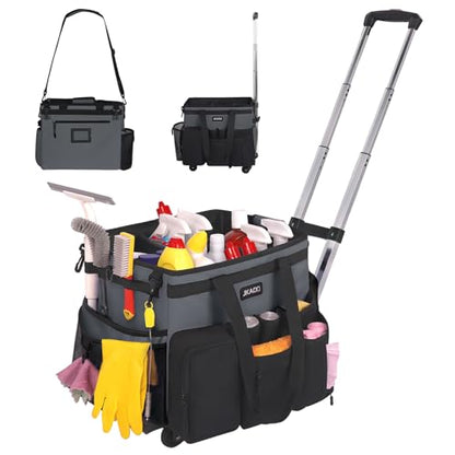 JKAOO Large Rolling Cleaning Caddy Bag with Detachable Trolley, Gray | Waterproof Cleaning Caddy with Wheels, 40L Wheeled Organizer Cart for Supplies, Housekeepers, Home, Office, Car, Picnic - color: Gray