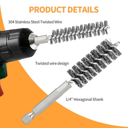 Bore Brush for Drill – 6pcs Stainless Steel Wire Tube Brush in Different Sizes, Twisted Wire Cleaning Brush with 1/4" Hex Shank, bore Brush Copper Pipe Cleaner for Power Drill & Tube Cleaning - style: 6pcs