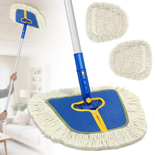 SOBONNE Commercial Dust Mop for Hardwood Floors Cleaning | 2 Reusable Wedge Cotton Mop Pads/61" Long Handle Dry Mop Broom for Walls/Laminate,Vinyl,Tile,Home Floor Duster/Green - color: Dust Mop-blue