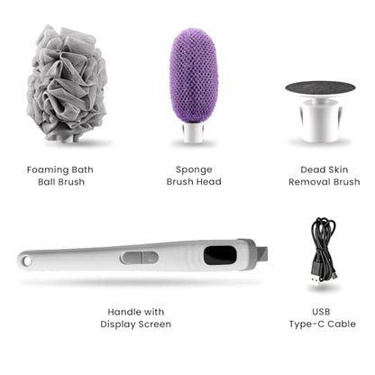 WJX Electric Body Brush with Replaceable Heads – Rechargeable, Waterproof, 2-Speed Adjustable Back Scrubber for Shower (Cloud White) - color: Cloud White