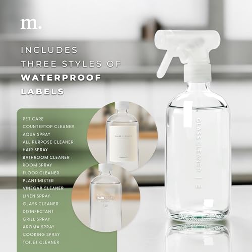MaisoNovo Glass Spray Bottles 16 Oz Pack of 2 - Clear Spray Bottles for Cleaning Solutions with Fortified Glass & Fine Mist - Ideal for Cleaning, Disinfecting, Home, Office & Commercial Use - 16 Label - color: Clear