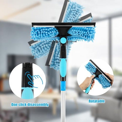 Squeegee for Window Cleaning Scrubber and Rotating Head Squeegee Window Cleaner Tool Window Washing Kit with Long Handle Window Cleaning Kit for Shower Glass Mirror Car (Blue)