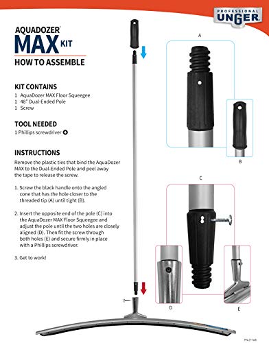 Unger Professional AquaDozer Max Kit, 36” Smooth Surface Curved Floor Squeegee and 48” Dual End Pole, Rubber Blade Scrubber and Broom for Concrete, Asphalt, and Tough Cleaning Jobs