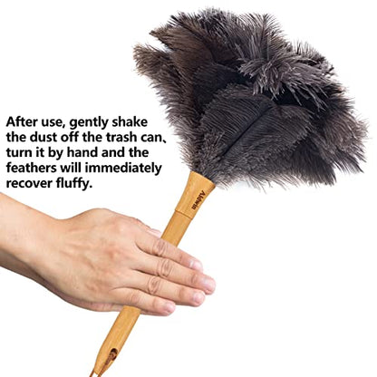Genuine Ostrich Feather Duster, 16 inch Gray Ostrich Feather Duster with Wood Handle, Reusable Car Dusters, Eco-Friendly Handheld Cleaning Dusters for Home, Office and Kitchen - color: Gray Brown Classic