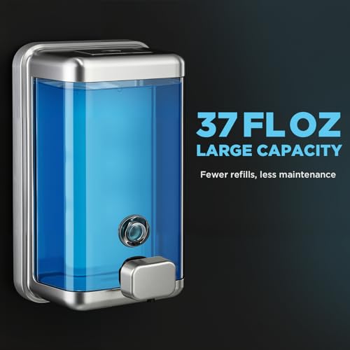 Wall Mounted Soap Dispenser 1100ml/37fl oz, Stainless Steel Commercial Soap Dispenser with Protective Inner Liner, Manual Soap Dispenser with Easy-Press Pump for Bathroom, Kitchen & Restaurant