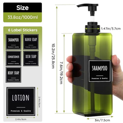 Segbeauty 33.8oz Square Plastic Soap Dispenser Refillable, 2pcs Large Capacity Empty Soap Dispenser Bathroom Kitchen, Green 1000ml Shampoo Pump Bottle Set, Hand Wash Bottles with Waterproof Labels - color: Green, style: 2pcs