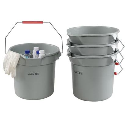 Begale 4-Pack 3.5 Gallon Plastic Round Car Wash Bucket with Handle, Gray | 14 Quart Commercial Cleaning Pail, Pour Spout, Quart Measurement Marks, Comfort Handle, Perfect For Commercial Cleaning Tasks