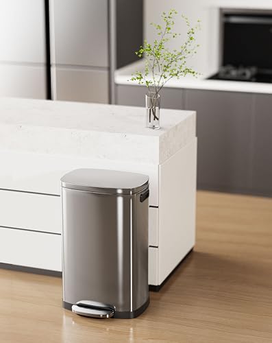 ELPHECO Kitchen Trash Can with Lid Soft Close,13 Gallon / 50L Stainless Steel Pedal Garbage Can, Heavy-Duty Fingerprint Proof Step Wastebasket with 20 Bags, Removable Bucket, Home Office, Silver - color: Silver