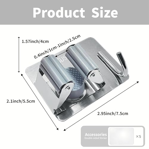 5 Pack Mop and Broom Holder Wall Mount, Silver Stainless Steel Mop and Broom Hanger with Hooks, Mop Broom Organizer for Closet Laundry Garage Garden Tool Organizer (Silver) - color: Silver