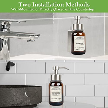 2Pack 8.5oz Brown Glass Bathroom Shampoo Dispenser, Silver Mount | Drill or no-drill setup with screws & adhesive patches; leakproof conditioner pumps for shower or RV. - color: Silver Set of 2