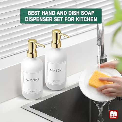 GMISUN White Soap Dispenser, 2 Pack Glass Hand Soap Dispensers Bathroom with Gold Pump, 17 Fl Oz Dish Soap Dispenser Set for Kitchen, Refillable Modern Liquid Soap and Lotion Dispensers Bottle - color: White Bottle + Golden Pump