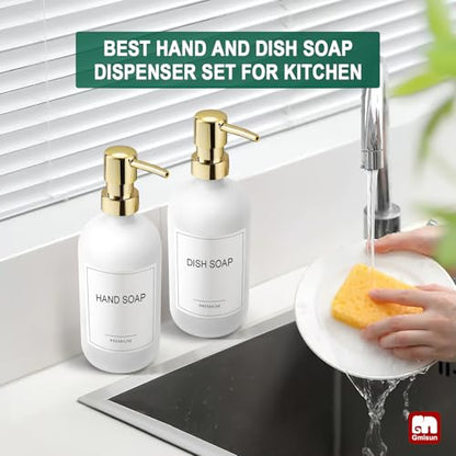 GMISUN White Soap Dispenser, 2 Pack Glass Hand Soap Dispensers Bathroom with Gold Pump, 17 Fl Oz Dish Soap Dispenser Set for Kitchen, Refillable Modern Liquid Soap and Lotion Dispensers Bottle - color: White Bottle + Golden Pump