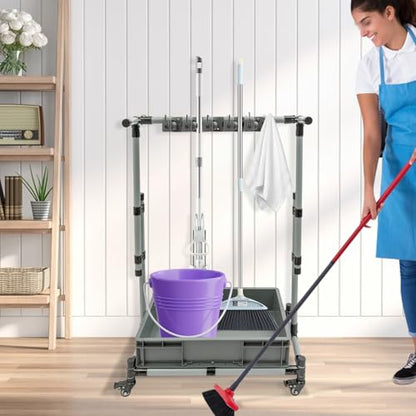 Broom and Mop Holder, Movable Cleaning Tool Cart Cleaning Supplies Holder Organizer, Freestanding Broom Storage Hanger Mop Rack Garden Garage Tool Rack Housekeeping Station Storage Tool Cart