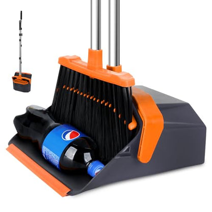 Tiumso Broom and Dustpan Set with 51'' Long Handle, Upright Broom and Dustpan Combo for Home Kitchen Office Restaurant Garage Lobby Dog Cat Pets Hair - Grey and Orange - color: Orange and Grey