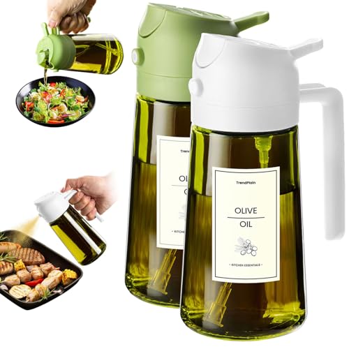 TrendPlain - 16oz Olive Oil Dispenser for Kitchen - 2 in 1 Olive Oil Dispenser and Oil Sprayer - Olive Oil Dispenser Bottle w/Stickers - Olive Oil Sprayer for Cooking 2Pcs White&Green (Light Blockage) - color: White&Green, style: 2 Pack