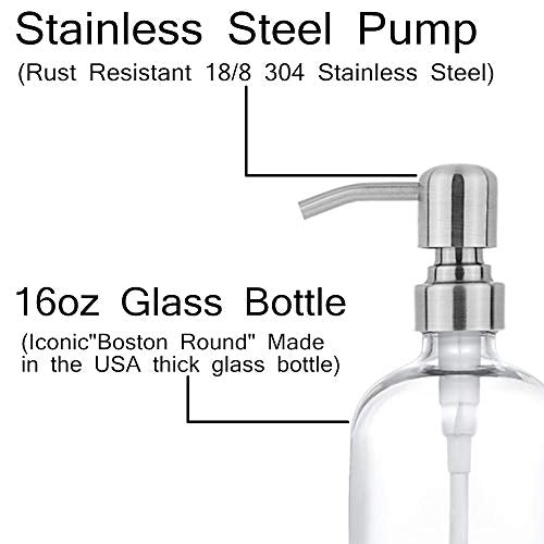 2 Pack Thick Clear Glass Pint Jar Soap Dispenser with Silver Stainless Steel Pump, 16ounce Clear Boston Round Bottles Dispenser with Rustproof Pump for Essential Oil, Lotion Soap - color: Silver