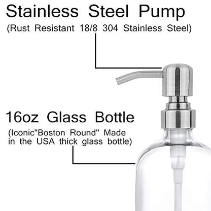 2 Pack Thick Clear Glass Pint Jar Soap Dispenser with Silver Stainless Steel Pump, 16ounce Clear Boston Round Bottles Dispenser with Rustproof Pump for Essential Oil, Lotion Soap - color: Silver