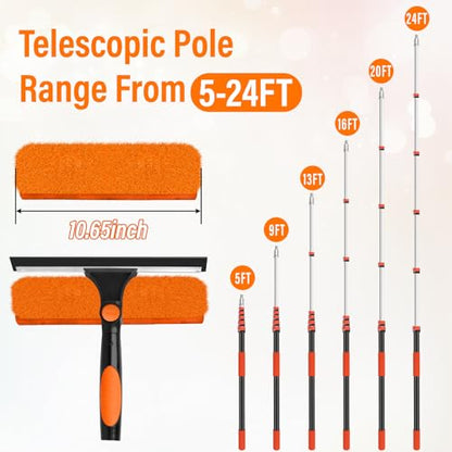 30FT Telescoping Window Squeegee Kit | 2-in-1 Professional Window Washer & Microfiber Scrubber with Extension Pole | High Reach Cleaning Tool for Outdoor, Indoor Windows & Glass - size: 24FT