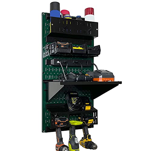 Wall Control Power Tool Storage Organizer Kit Cordless Drill Holder Charging Station Rack 16” x 32” Metal Pegboard Organization System (Green Pegboard) - color: Green Pegboard