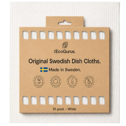 10 Pack Odour-Resistant Reusable Cleaning Cloths | Original Swedish Dishcloth | Made in Sweden | Suitable for All Surfaces | Biodegradable Cellulose Sponge | Kitchen & Bathroom | White - color: White