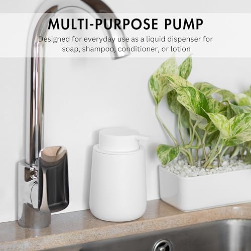 Matte White Round Soap Dispenser for Kitchen & Bathroom – 9 oz Refillable Resin Pump Bottle for Dish Soap, Hand Soap, Shampoo, Conditioner – Modern Countertop Dispenser with Non-Slip Protective Pads - color: White, style: Round Short Soap Dispenser