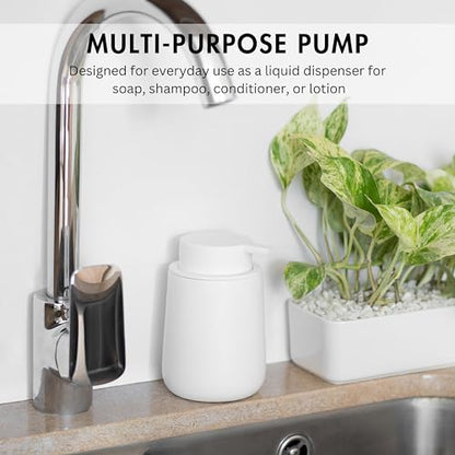Matte White Round Soap Dispenser for Kitchen & Bathroom – 9 oz Refillable Resin Pump Bottle for Dish Soap, Hand Soap, Shampoo, Conditioner – Modern Countertop Dispenser with Non-Slip Protective Pads - color: White, style: Round Short Soap Dispenser