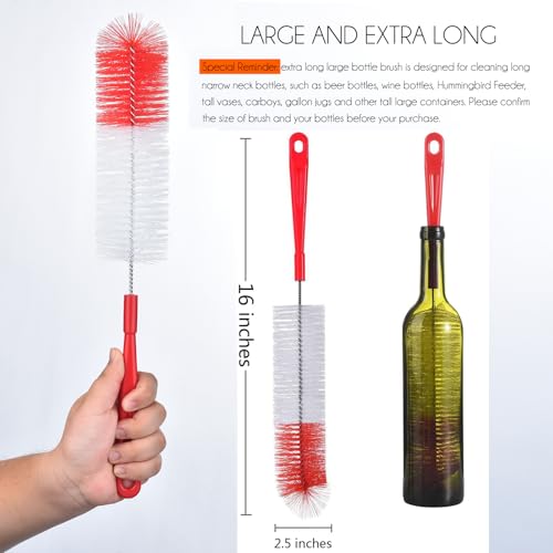 ALINK 3-Pack Long Red Bottle Cleaning Brush for Narrow Neck Beer, Wine, Kombucha, Hydroflask, Thermos, Sport Well, Carafe, Brewing Bottle Cleaner, 16 Inches - color: Red