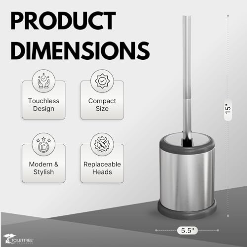 ToiletTree Products Toilet Brush with Lid - Sleek Toilet Bowl Brush and Holder - Toilet Scrubber Brush Set with Heavy-Weight Base - Lidded Toilet Bowl Cleaner Brush and Holder - Chrome - style: Stainless Steel