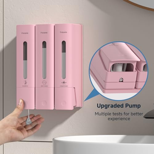 1984 Shower Soap Dispenser Bathroom Set Shampoo Conditioner Body Wash Dispenser Wall Mounted Shower Shampoo Dispenser 3 Chamber No Drill for Home Star Hotel 3 x 400ml Pink - color: Pink 3 Chamber