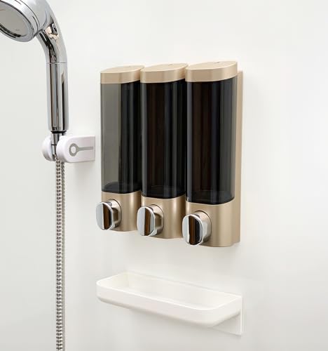 RANKADO Luxury Shower Soap Dispenser Bathroom with Tray,Drill Free Shampoo and Conditioner Dispenser with Mounting Tapes,Shower Soap Dispenser with Labels,Shampoo Dispenser for Shower Wall (Gold) - color: 300ml X 3（gold）