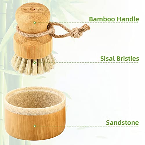 SUBEKYU Bamboo Dish Brush Set with Soap Holder, Wooden Dish Scrubber with Soap Dispenser, Natural Kitchen Scrub Brush, Washing Pot/Pans/Cast Iron, 2 Pack, Sisal Bristles - color: Sandstone Base + 2p Sisal Brushes, size: Regular size