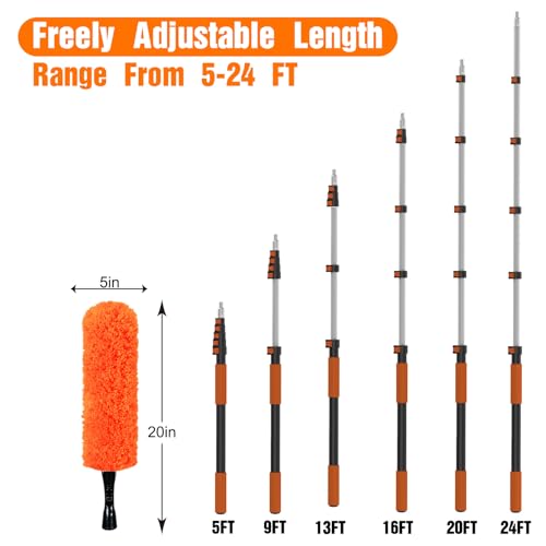 LAANPOLE 30FT High Reach Duster Cleaning Kit with Extension Pole, High Ceiling Fan Cleaner Duster Tool for Fan Blades, Window Washing Kit with Microfiber Feather Duster & Window Squeegee - size: 24FT