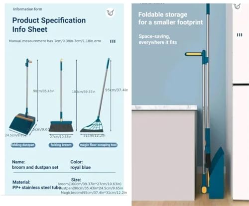 Dustpan Brush Set Long Handle Up to 37 Inches Adjustable Foldable,Plastic Broom Dustpan Combo 1set/2pcs Floor Cleaning Supplies Lobby Household Angle Brooms Upright Stand Up Garbage Scoop - color: Navy