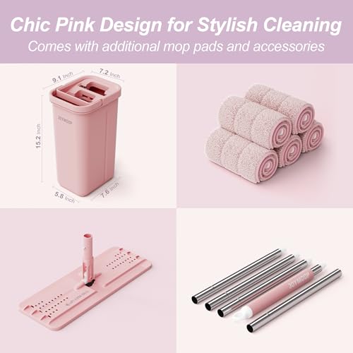 JOYMOOP Pink Mop and Bucket with Wringer Set for Home, with 5 Reusable Microfiber Mop Pads, Hands-Free Self-Cleaning System, Suitable for Floor Cleaning and Wall Cleaner - size: Middle Pink Bucket #13 + 60" Flat Mop + 5 Pads